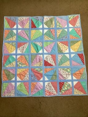 Handmade Pastel Patchwork Fan Quilt - Baby Crib Blue Border Girl or Boy